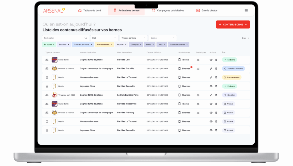 Plateforme SaaS pour piloter vos solutions marketing : gestion de bornes interactives, data, KPI, campagnes email & SMS, et analyse avancée des données.