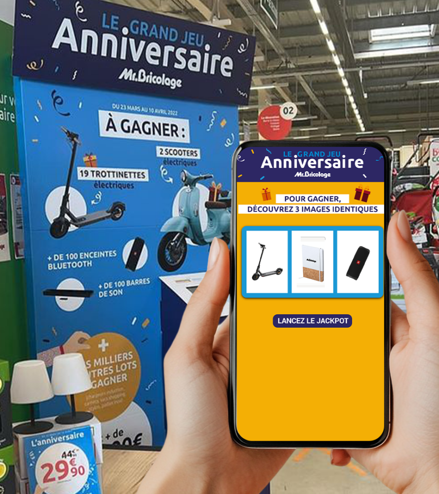 Jeux marketing interactifs et personnalisables sur borne, application mobile et web pour créer des jeux concours efficaces, collecter de la data et engager les clients.