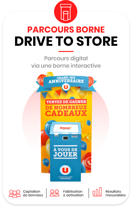 Parcours Drive to Store via borne interactive pour jeu concours en magasin, fidélisation client et collecte de données.